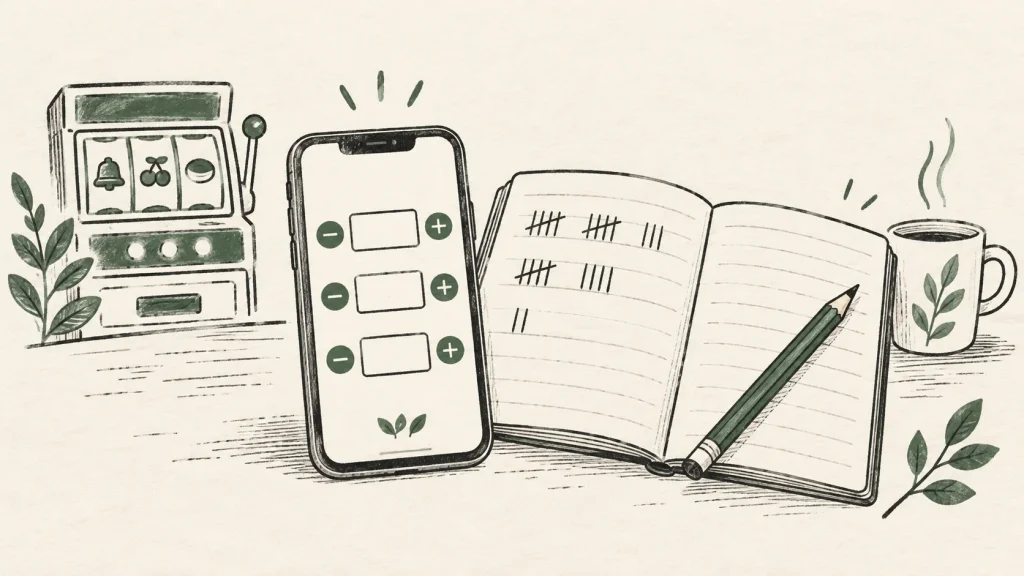 スマートフォンのカウンターと記録用ノートの線画