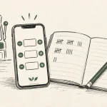 パチスロ実戦メモの付け方|ゲーム数・CZ・現金を分ける記録テンプレート スマートフォンのカウンターと記録用ノートの線画